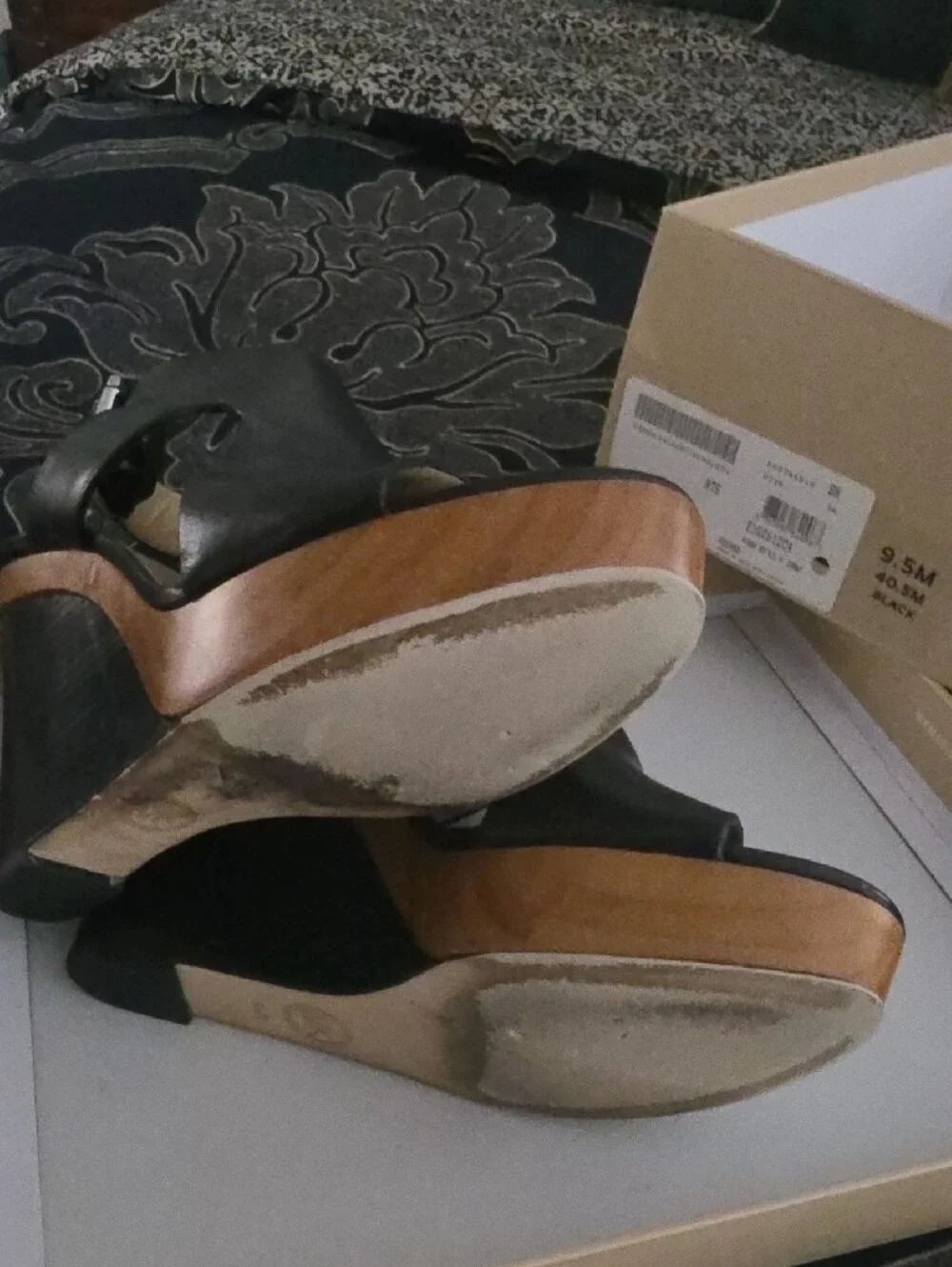 Michael Kors Black Leather Slingback Wedge Sandals with Wood-Trim Platform